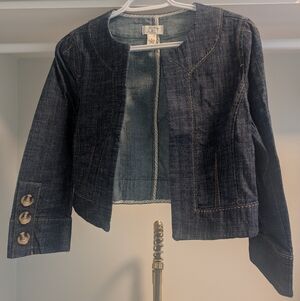 LOFT Dark Blue Cropped Jean Jacket with Contrast Stitching